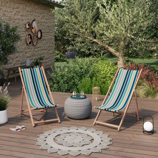  Lot De 2 Chiliennes Pliantes Réglables - Structure Hêtre Toile 100 % Coton Amovible Multicolore Bleu - Garlin Ocean Artiga