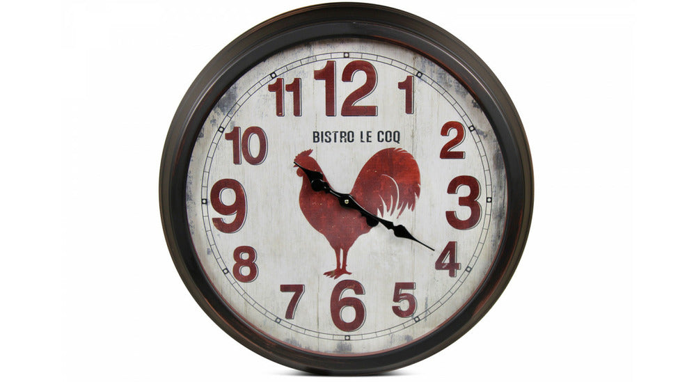  Grande Horloge Ancienne Murale Bistro Le Coq Métal Rouge-bordeaux 70cm