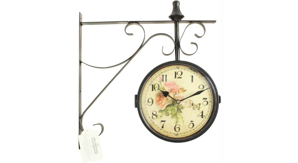 Horloge De Gare Ancienne Double Face Bouquet De Roses 24cm - Fer Forgé - Blanc
