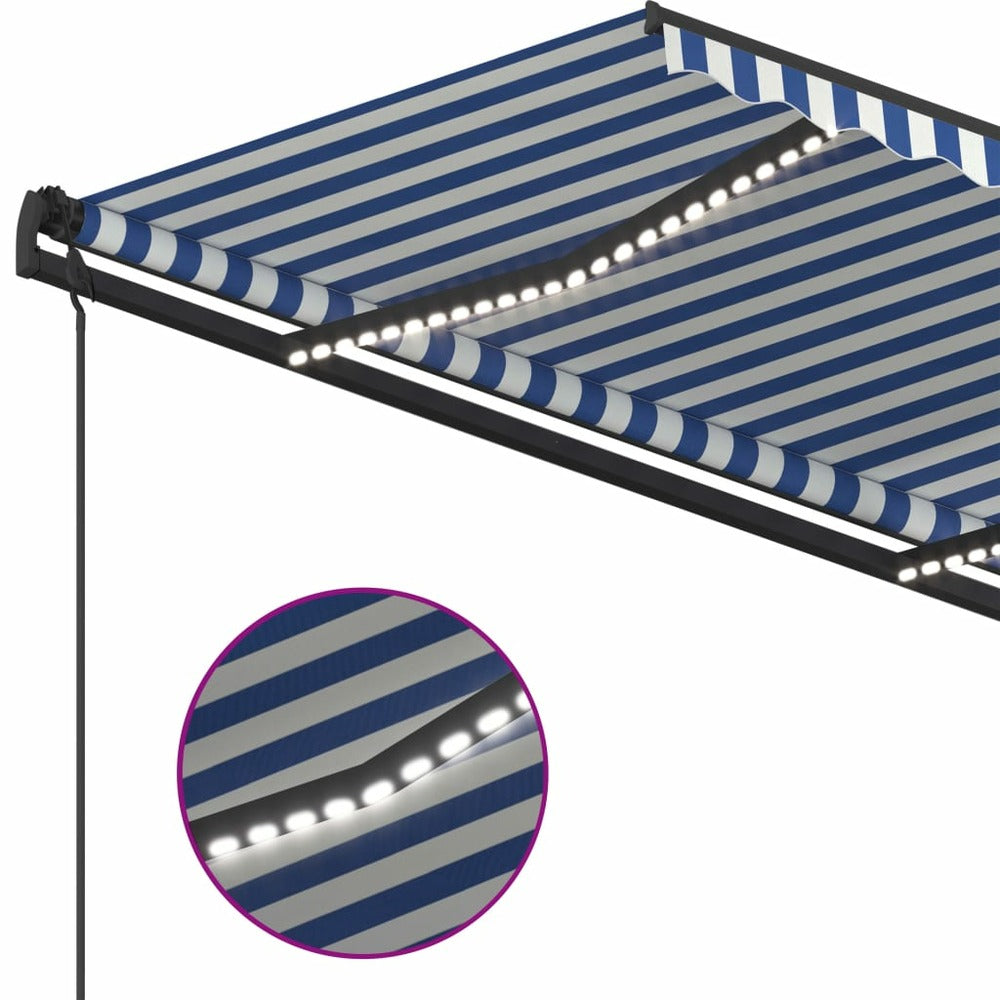 VIDAXL Auvent Automatique Capteur De Vent Et Led 5x3,5 M Bleu Et Blanc