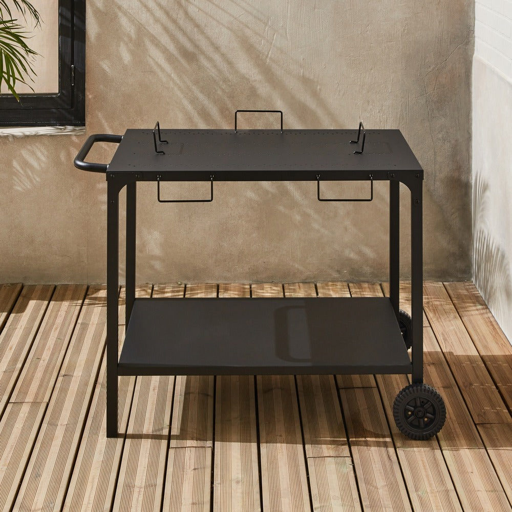  Desserte Extérieure Noire En Acier Modulable Pour Plancha Avec Deux Roues