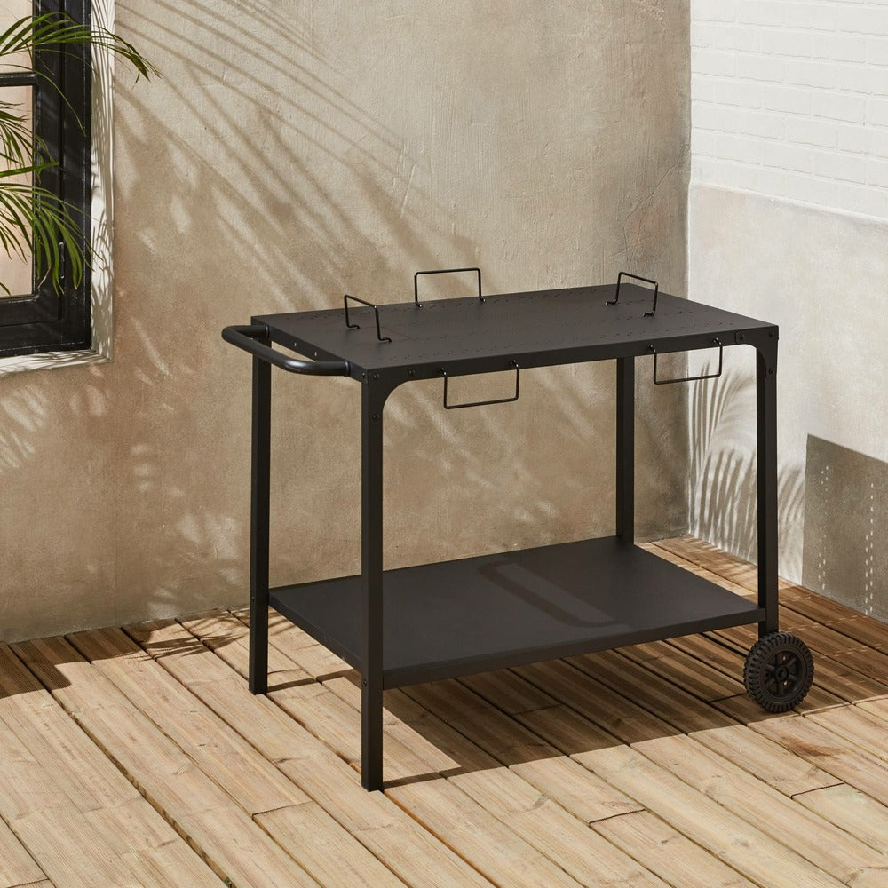  Desserte Extérieure Noire En Acier Modulable Pour Plancha Avec Deux Roues