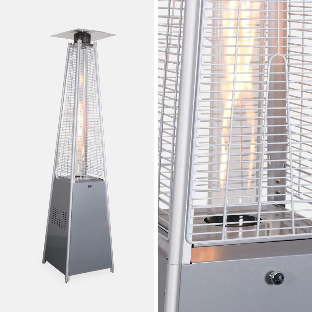  Lot De 2 Parasols Chauffants Gaz Pyramide. Gris Clair. Véritable Flamme. Roulettes Incluses