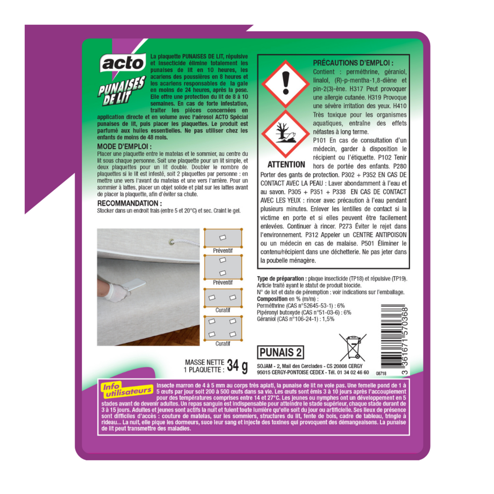  Acto Plaquette Punaises De Lit - Répulsive Et Insecticide