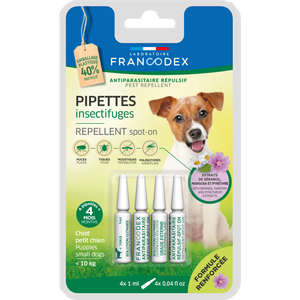  4 Pipettes Insectifuges Chiots, Petits Chiens De Moins De 10 Kg Formule Ren