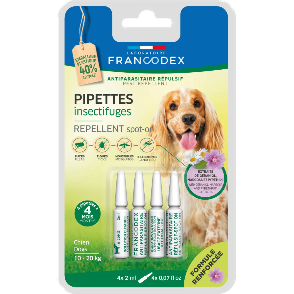  4 Pipettes Insectifuges Pour Chiens De 10 Kg à 20 Kg Formule Renforcée