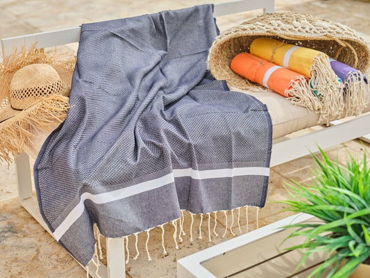  Fouta En Coton Tissage Nid D'abeille Spa 100x200cm Bleu Marine