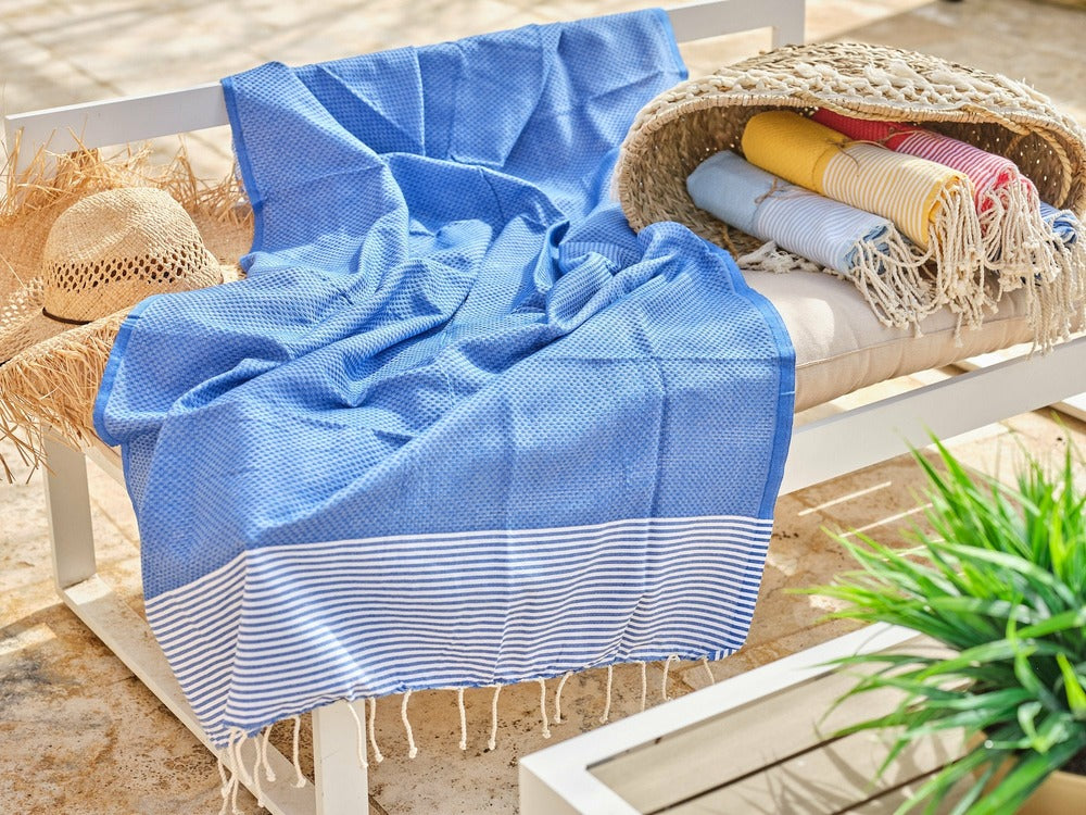  Fouta En Coton Tissage Nid D'abeille Ziwane 100x200cm Bleu Royal
