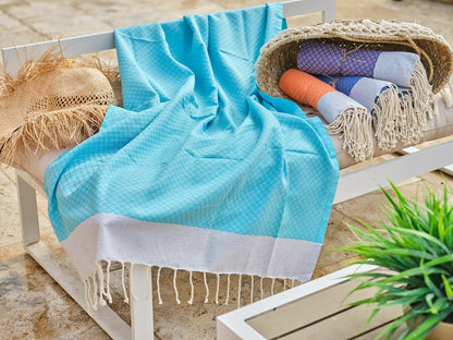  Fouta En Coton Petit Losange 100x200cm Turquoise