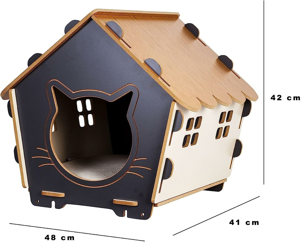  Maison Niche Pour Chat - Coussin Grand Confort Amovible Inclus - 49 X 43 X 47 Cm - Aspect Bois, Beige Et Gris (Gris)