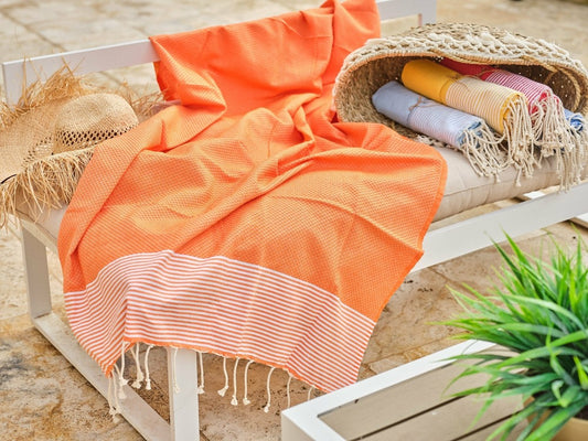  Fouta En Coton Tissage Nid D'abeille Ziwane 100x200cm Orange