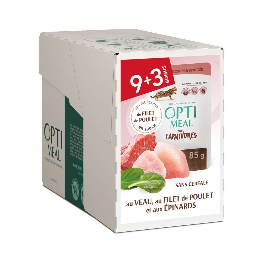  Optimeal Aliment Chats – Veau, Poulet Et épinards En Sauce 9+3 85g
