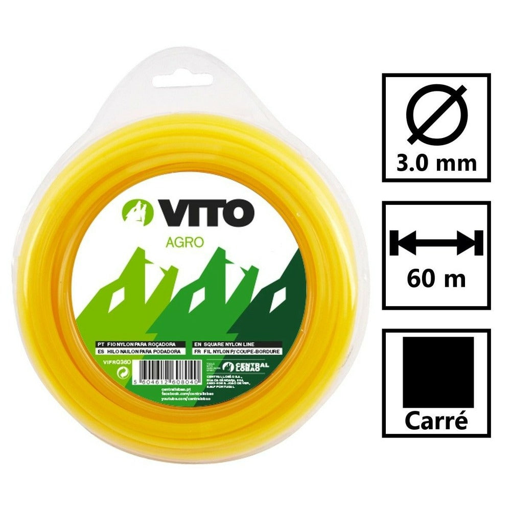  Fil Nylon Carré Pour Débroussailleuse - Longueur 60m - Diamètre 3mm