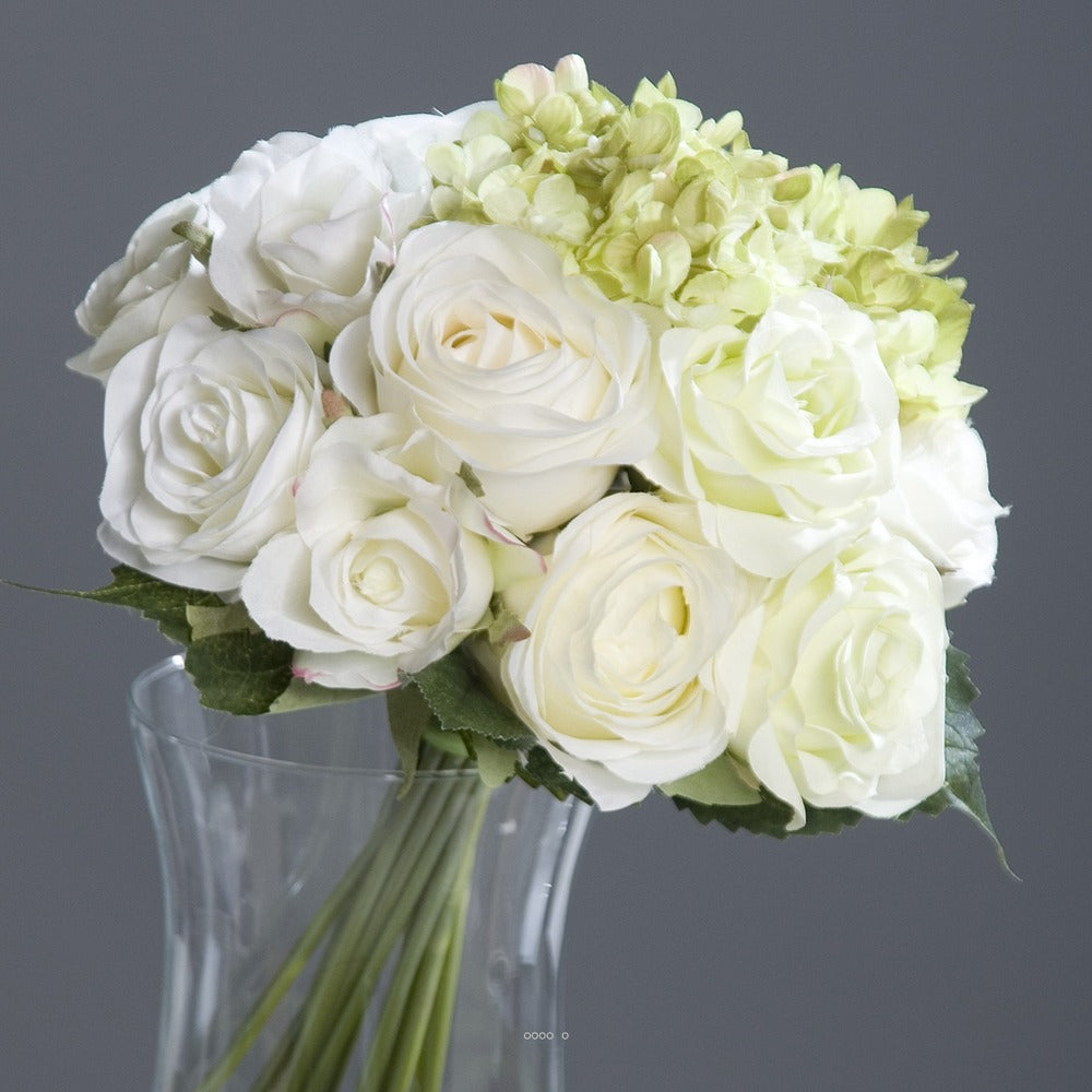  Bouquet De Roses Et Hortensias Factices Blanc-vert 13 Têtes D28cm - Couleur: Crè