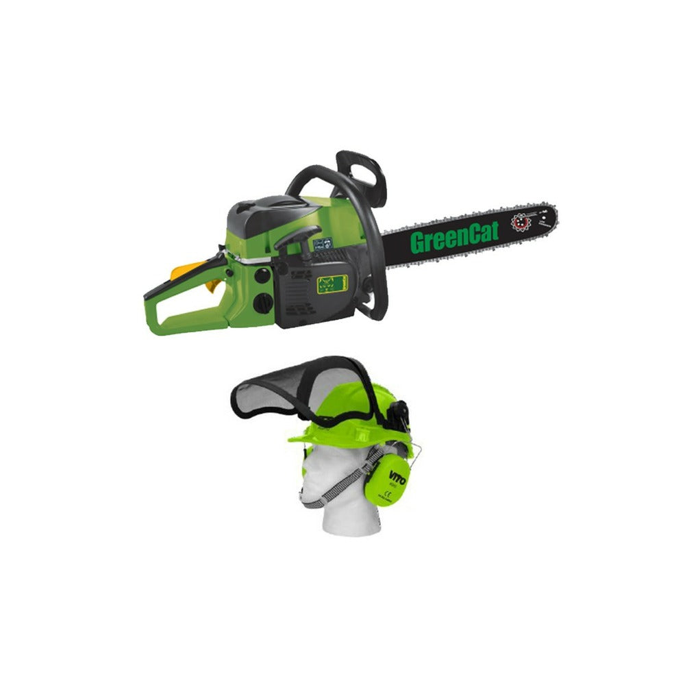  Tronçonneuse Thermique 52cc Lame 50 Cm Greencat + Casque De Protection Complet