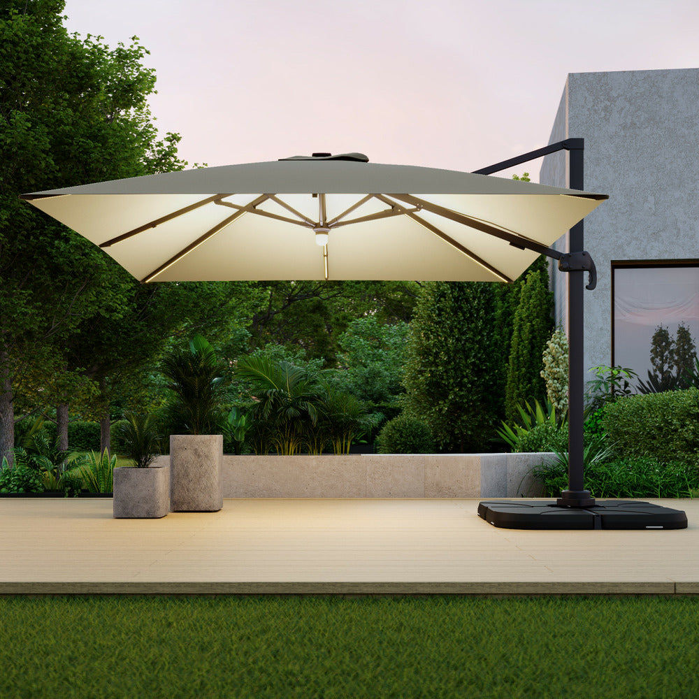  Parasol Déporté Led 3x4m Rectangle En Aluminium - Rotatif 360° - Taupe- Rome